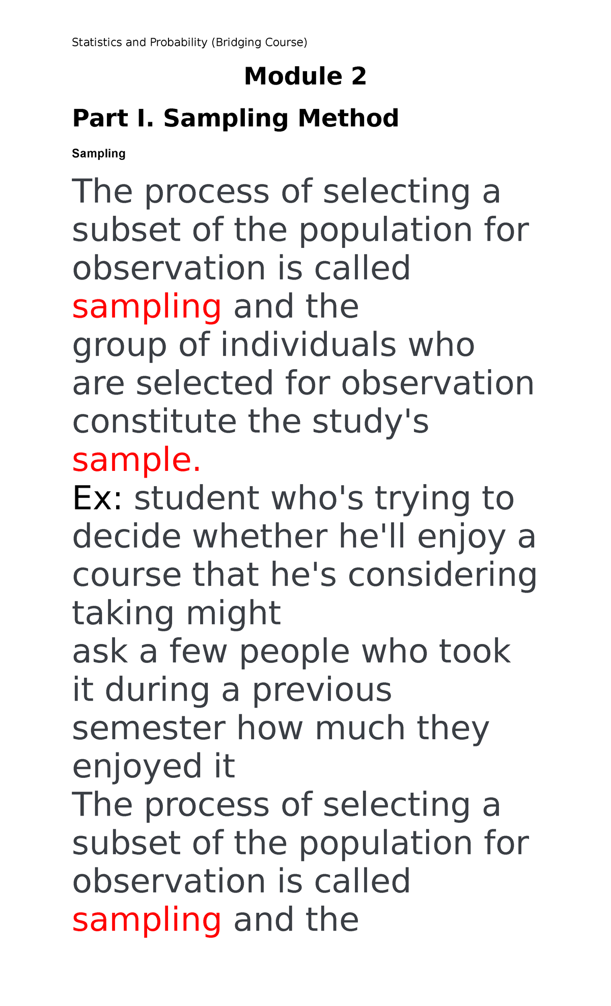 Statistics And Probability (Module 2) - Module 2 Part I. Sampling ...