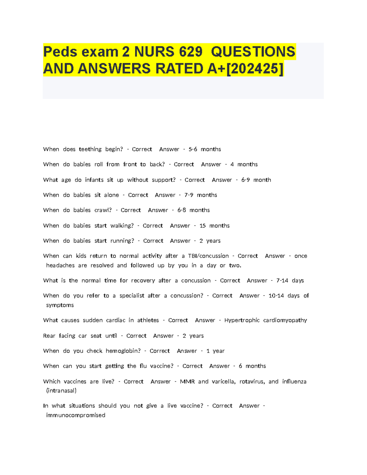 Peds exam 2 NURS 629 Questions AND Answers Rated A+[202425 ] - Peds ...