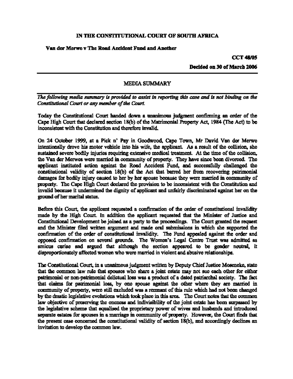 VAN DER Merwe v RAF summary - LTPC4824 - Studocu