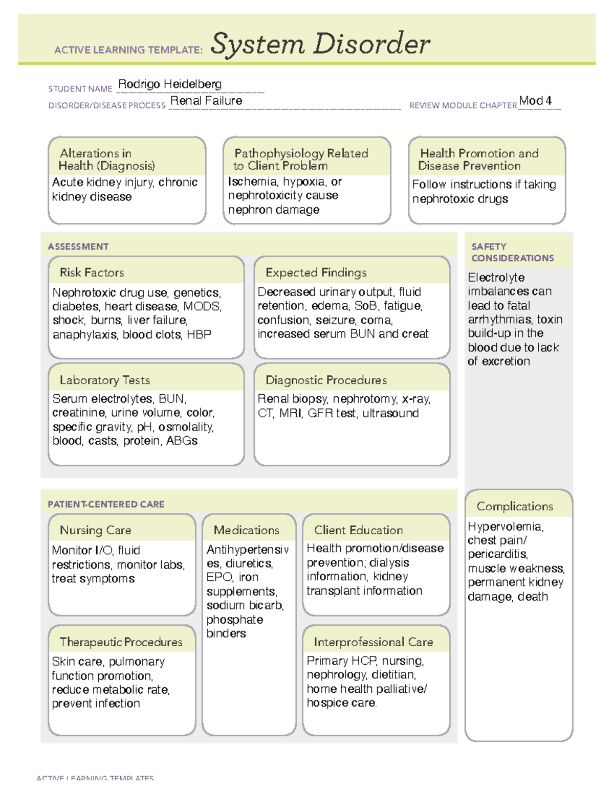 Renal Failure - Ati High Acuity Disorder - Active Learning Templates 