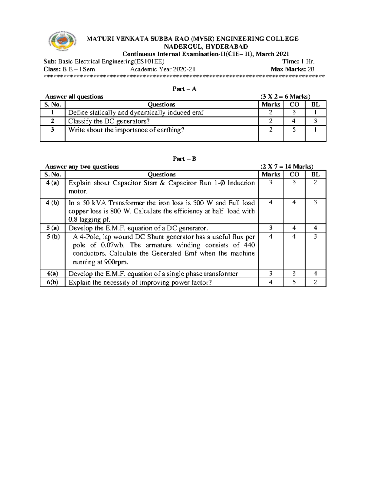 BEE Q.P CIE-II - it helps - MATURI VENKATA SUBBA RAO (MVSR) ENGINEERING ...