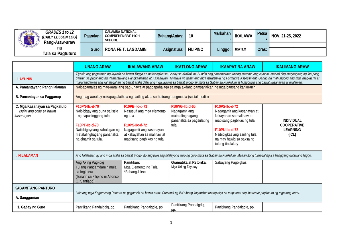 Q2- DLL IN Filipino 10. WEEK3 - GRADES 1 To 12 (DAILY LESSON LOG) Pang ...