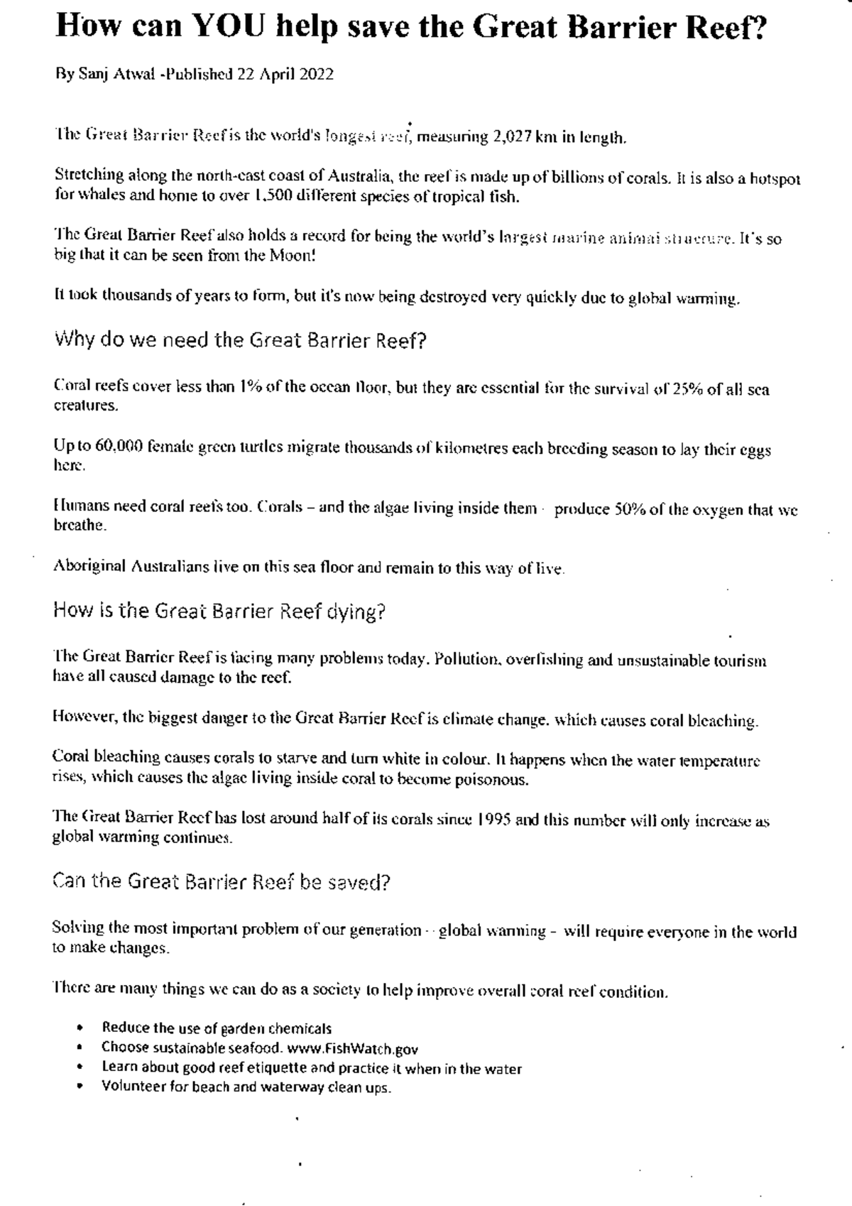 Why and how can we save the Great Barrier Reef - Anglais - Studocu