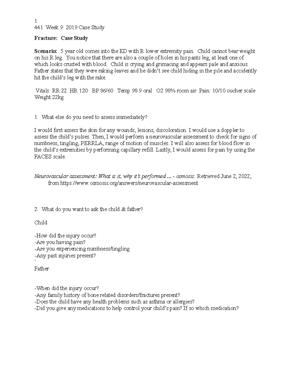 441 Wk 9 Fracture Case Study 2019-2 - 441 Week 9 2019 Case Study ...