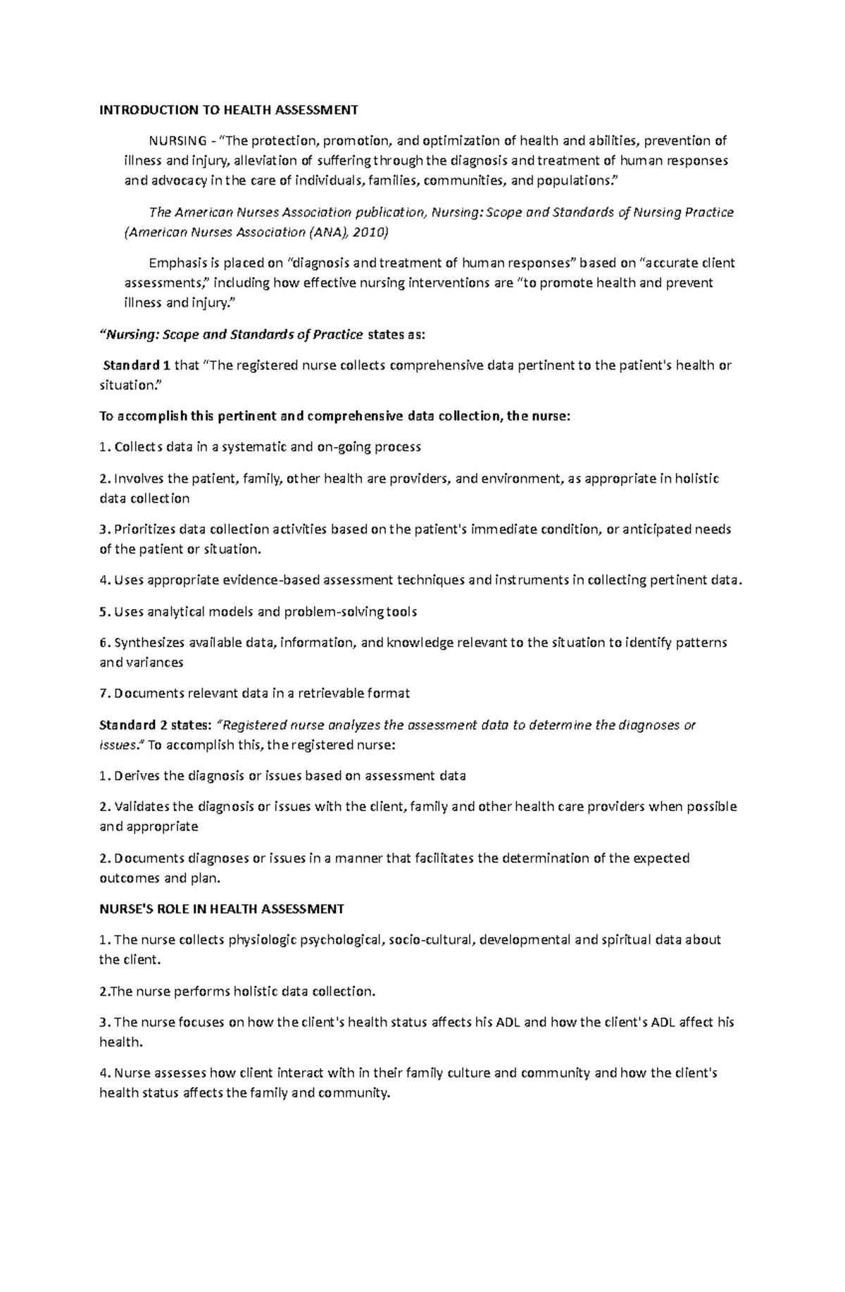 Health Assessment INTRODUCTION TO HEALTH ASSESSMENT NURSING The 