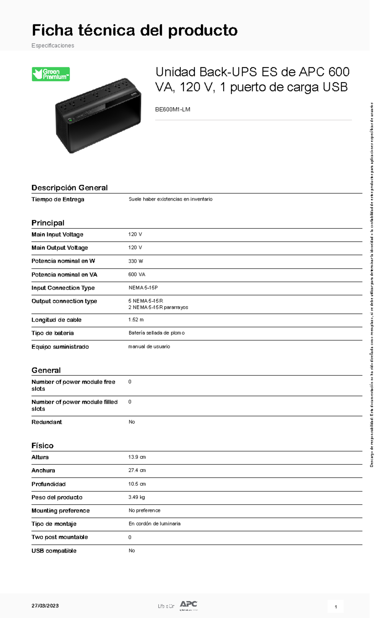 Back-UPS BE600M1-LM - Hoja de informacion - Ficha técnica del producto ...