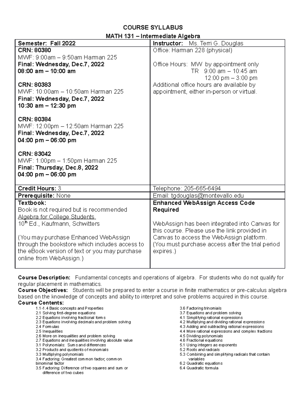 M131 Douglas F22 - the syllabus of college intermediate algebra, Fall ...