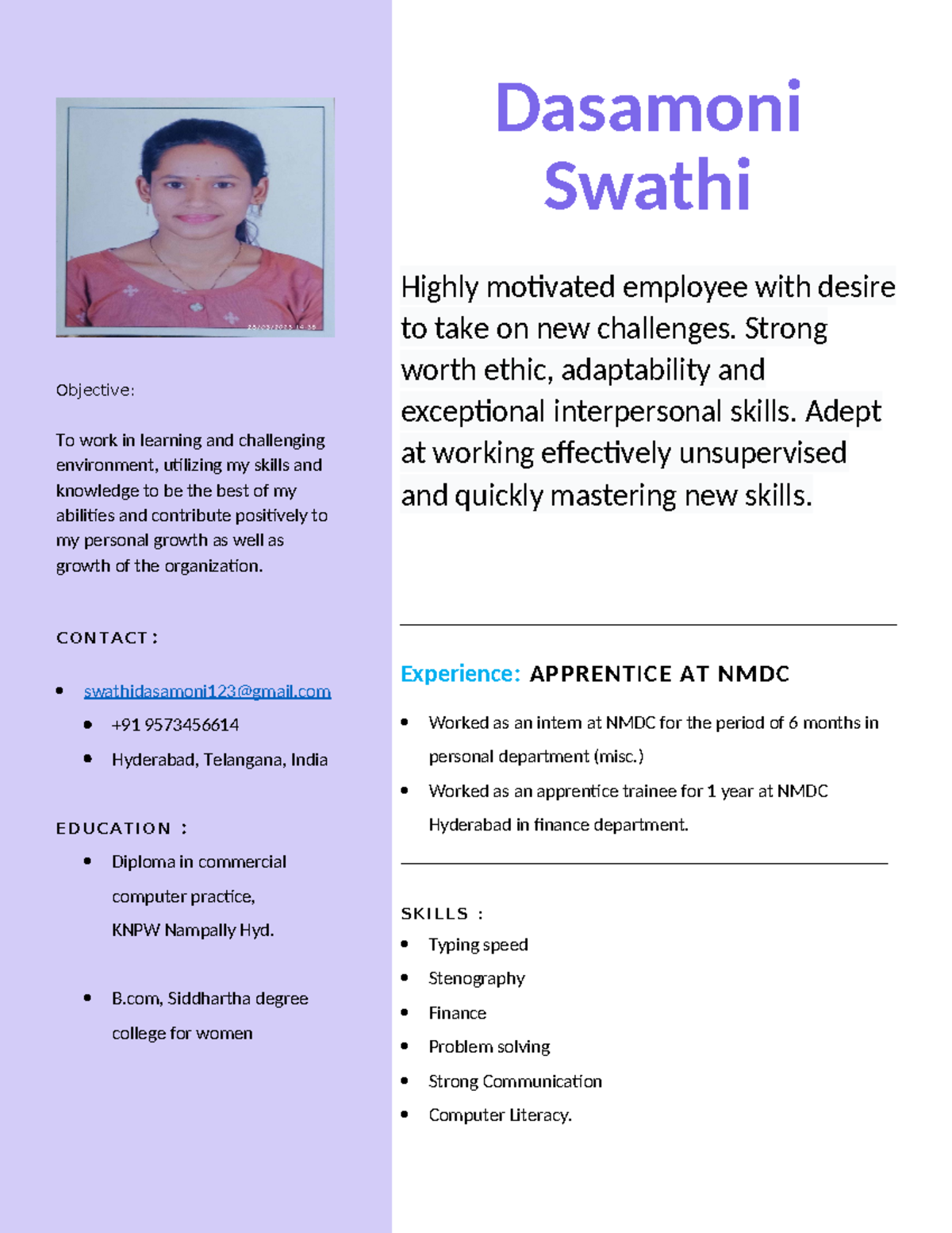 Swathi Resume 2024 - Objective: To work in learning and challenging ...