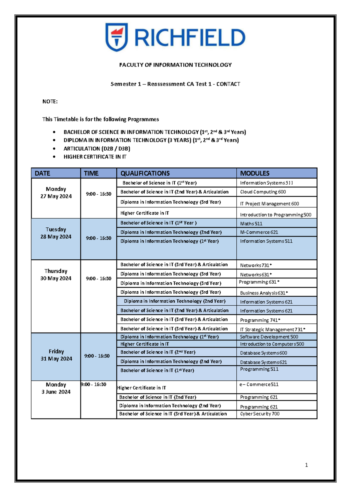Semester 1 Re-assessment Timetable IT - 1 FACULTY OF INFORMATION ...