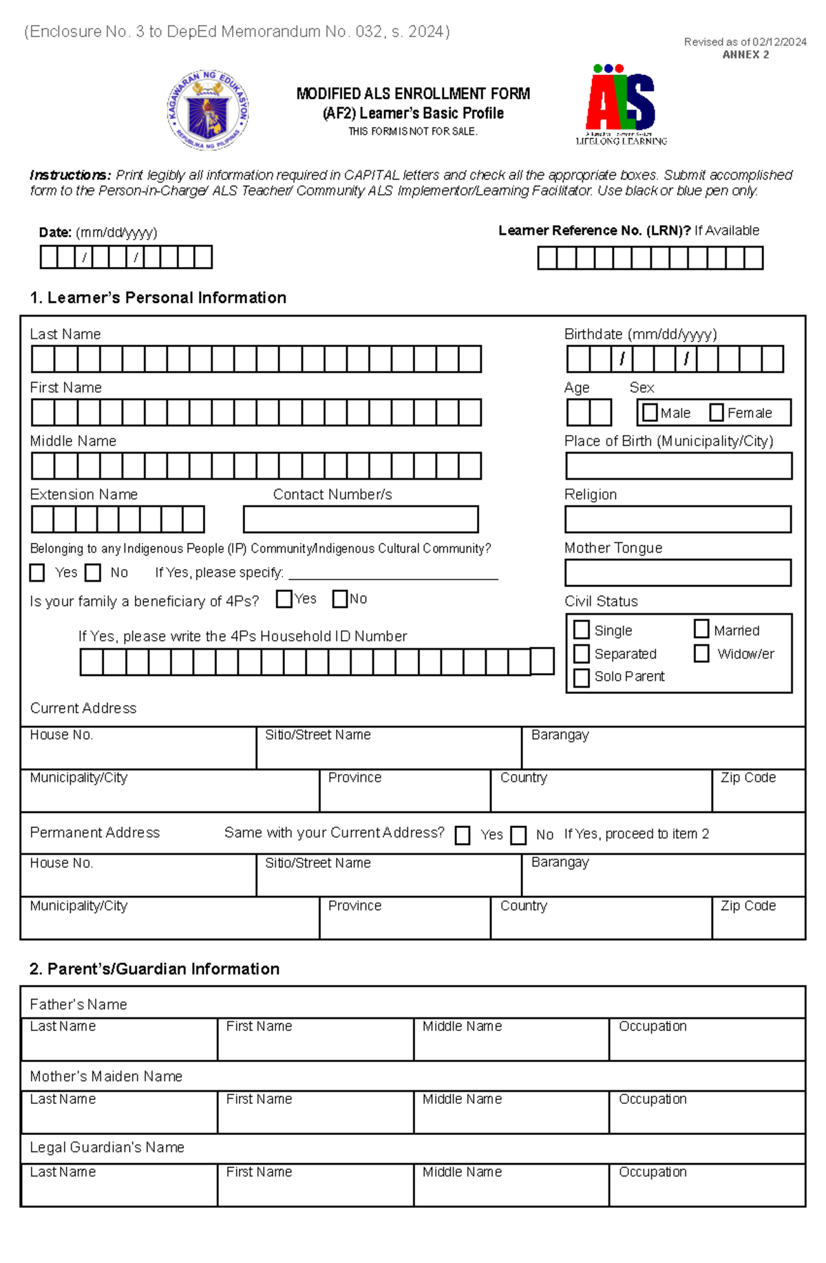 Modified ALS Enrolment Form 2024 2025 - (Enclosure No. 3 to DepEd ...