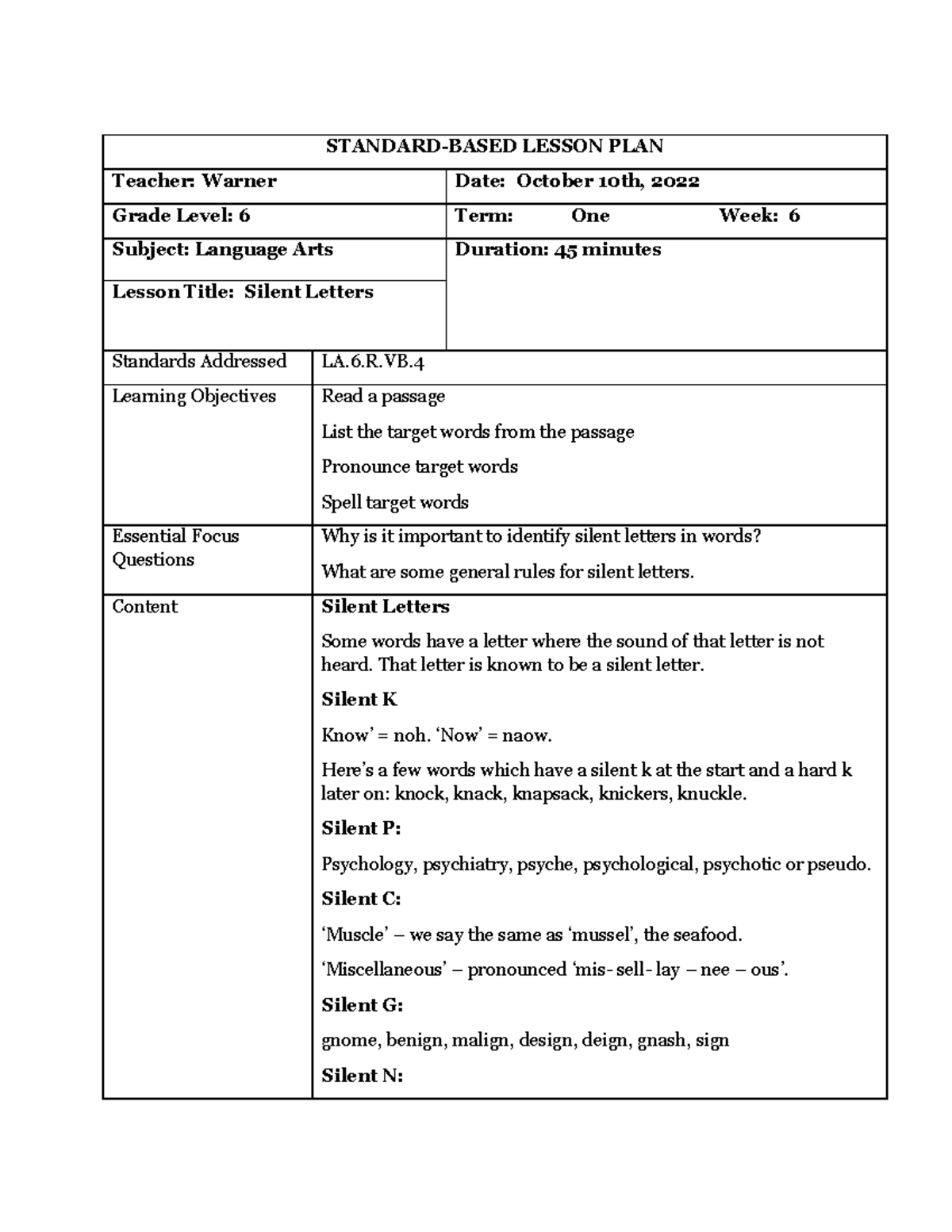 Lesson Week 6 Silent Letter STANDARDBASED LESSON PLAN Teacher