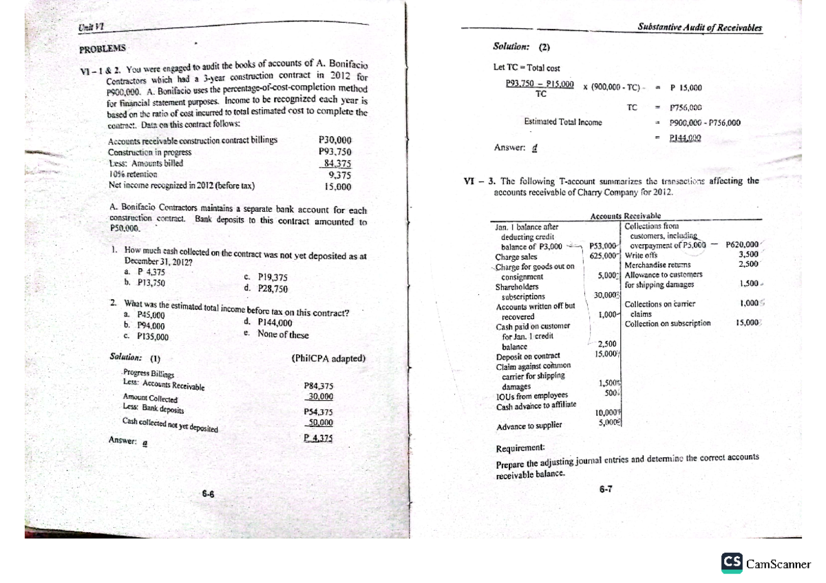 AR Auditing Probs Cabrera - Unit VI Substantive Audit of Receivables ...
