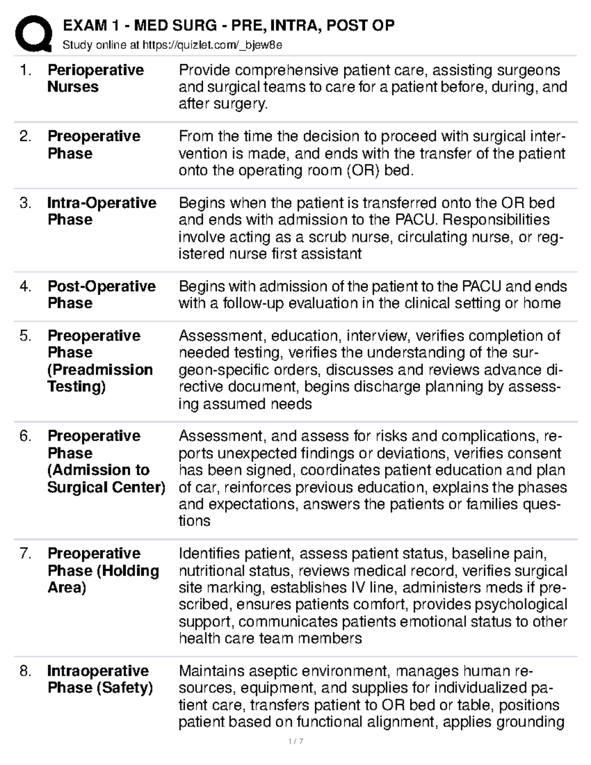 EXAM 1 MED SURG PRE, Intra, POST OP Study online at quizlet