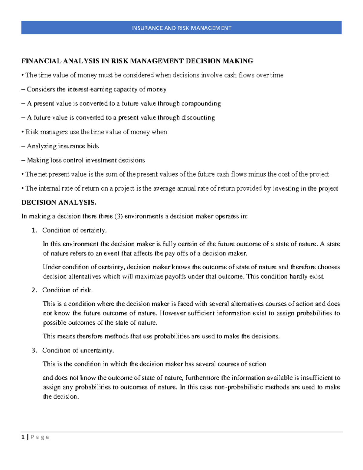 Additional Notes ON Insurance AND RISK MGT - FINANCIAL ANALYSIS IN RISK ...