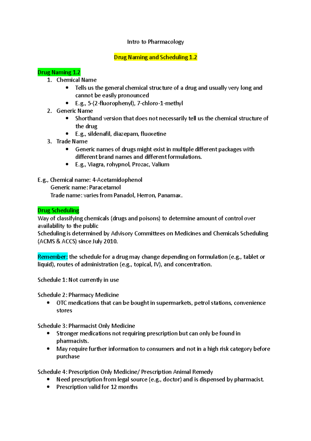 Intro to Pharma - Notes - Intro to Pharmacology Drug Naming and ...