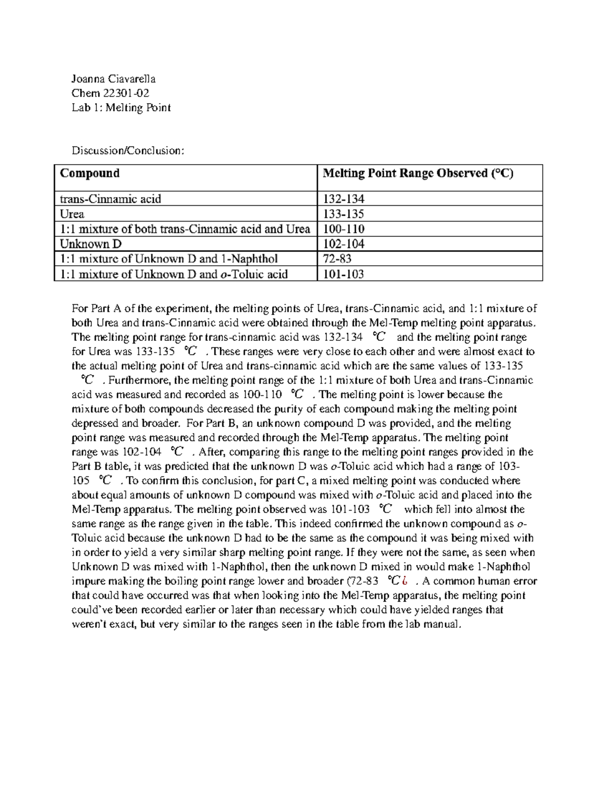 Lab 1 Report Melting point - Joanna Ciavarella Chem 22301- Lab 1 ...