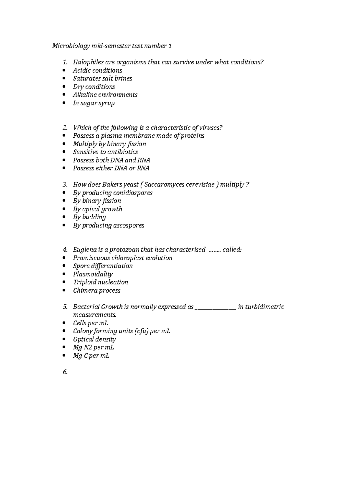 Mid term quiz microbiology - Microbiology mid-semester test number 1 ...