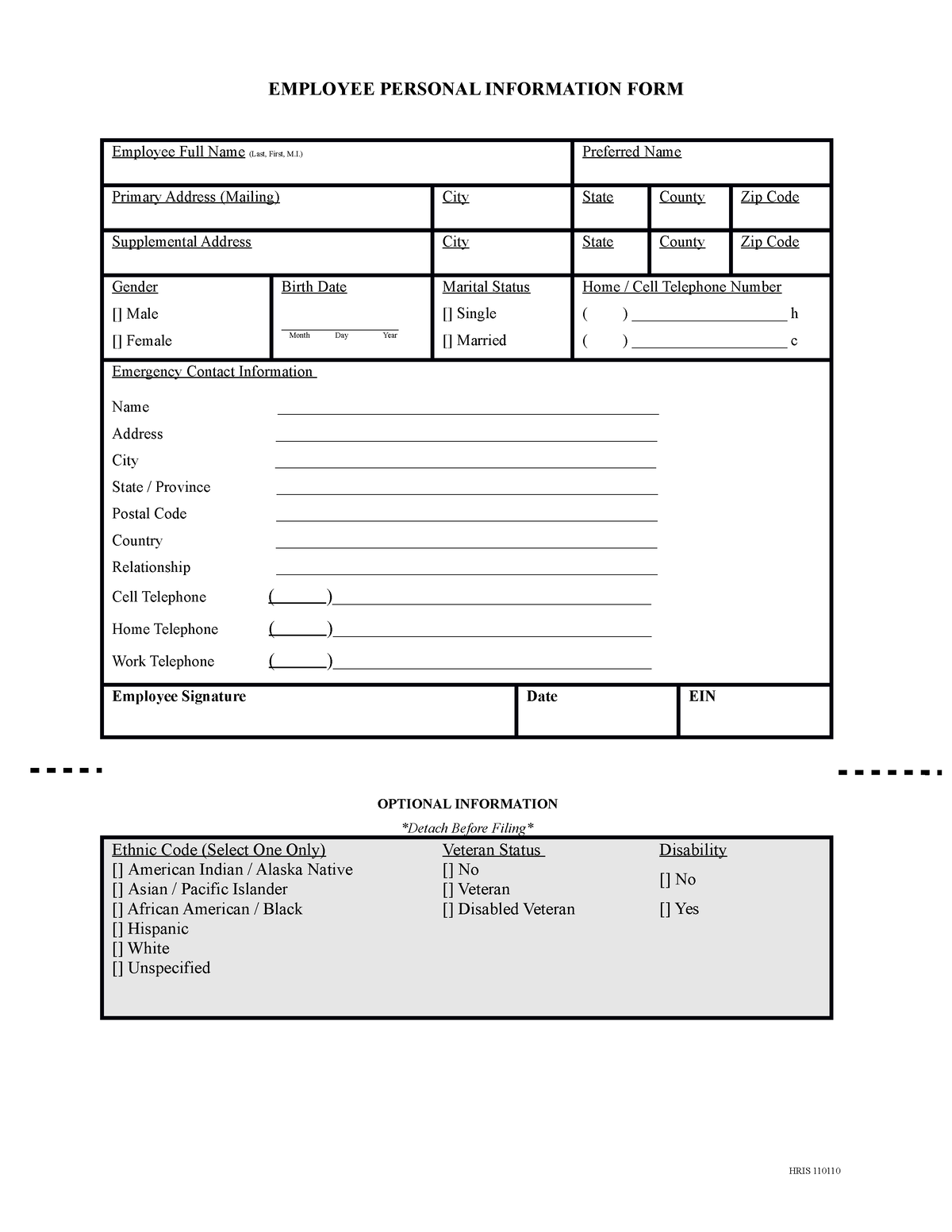 personal information form for employees