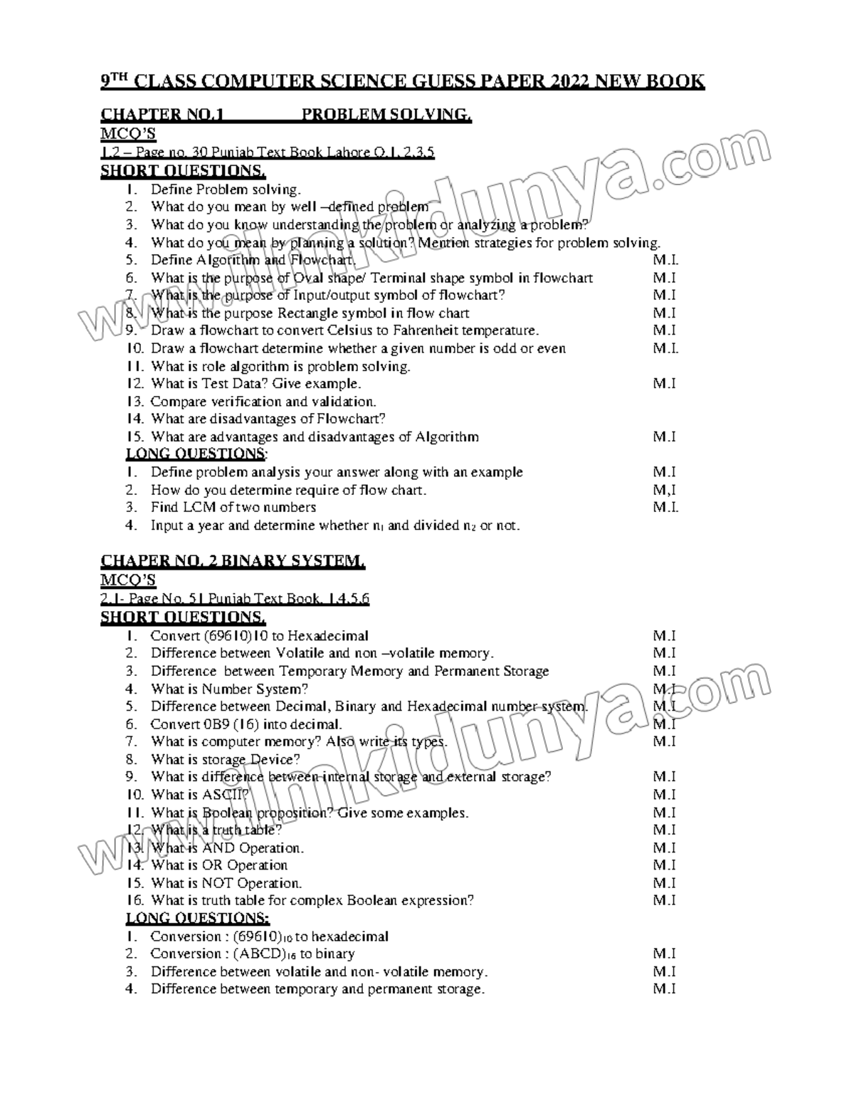 9TH Class Computer Science Guess Paper 2022 9 TH CLASS COMPUTER