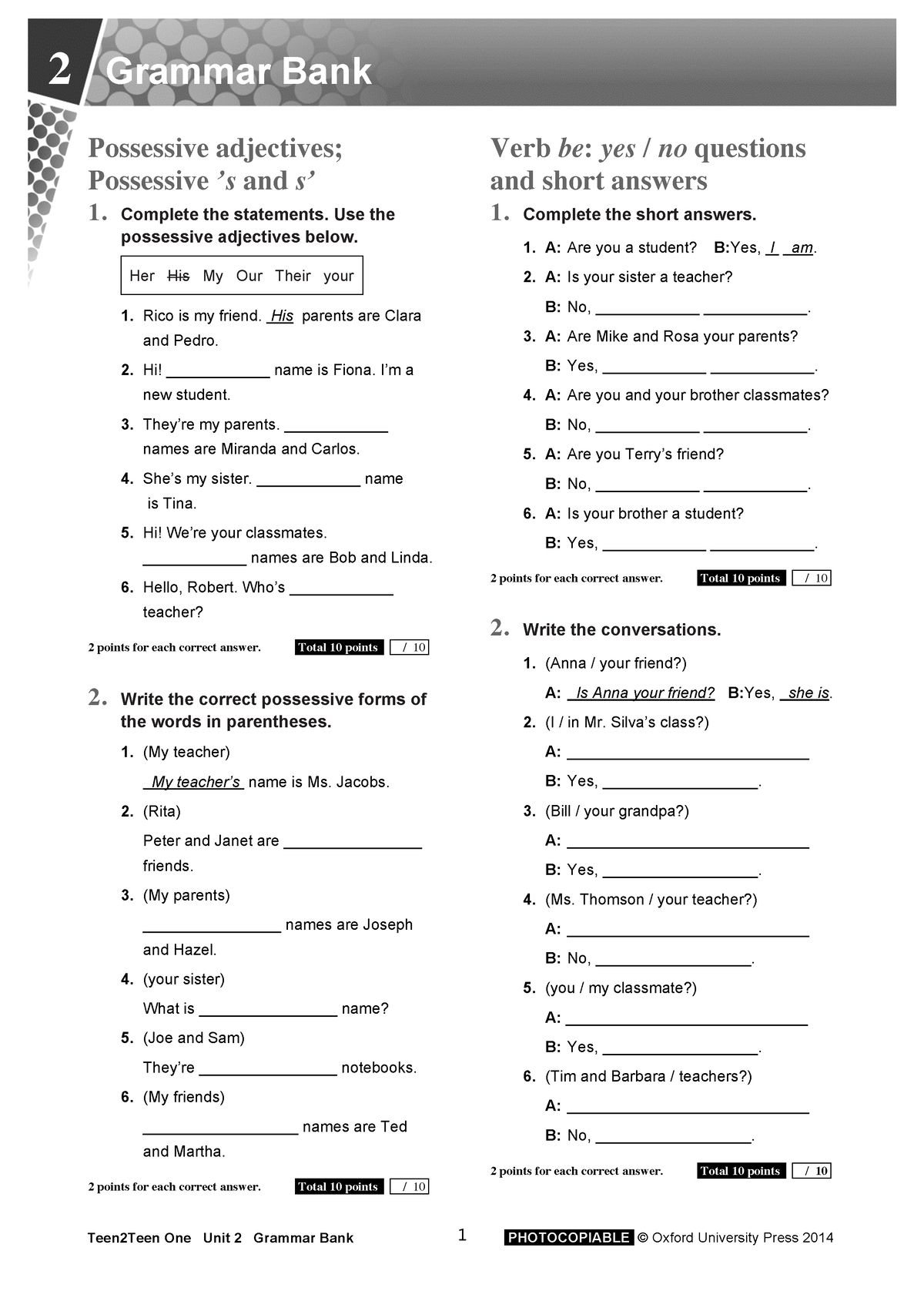 T2t One Unit2 Grammar Bank Teen2teen One Unit 2 Grammar Bank 1 Photocopiable © Oxford 4358