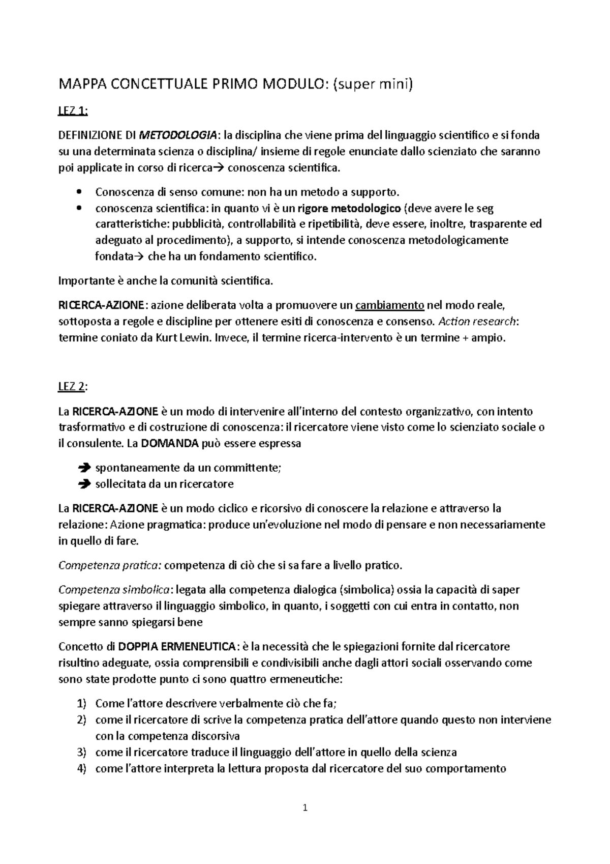 Riassunto Ricerca Azione - MAPPA CONCETTUALE PRIMO MODULO: (super mini ...