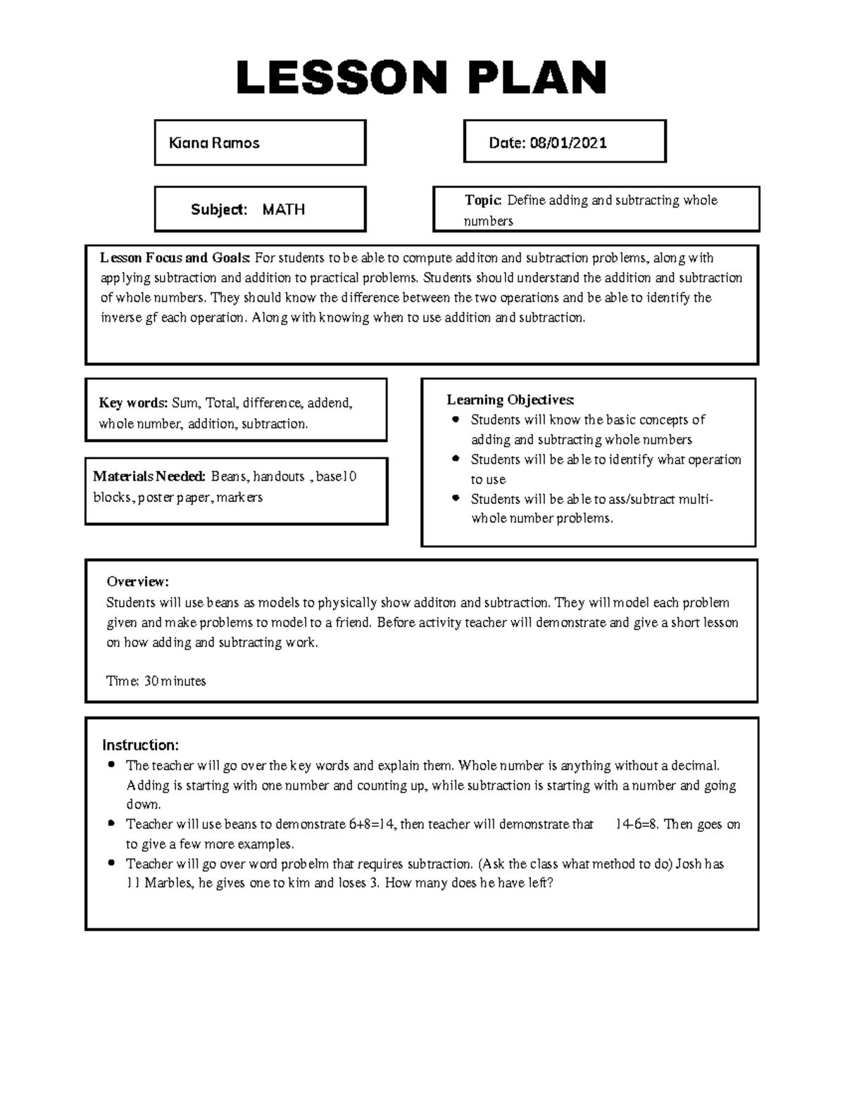 Mat150-lessonplam - lesson plan on one subject from Topic 1 or 2 ...