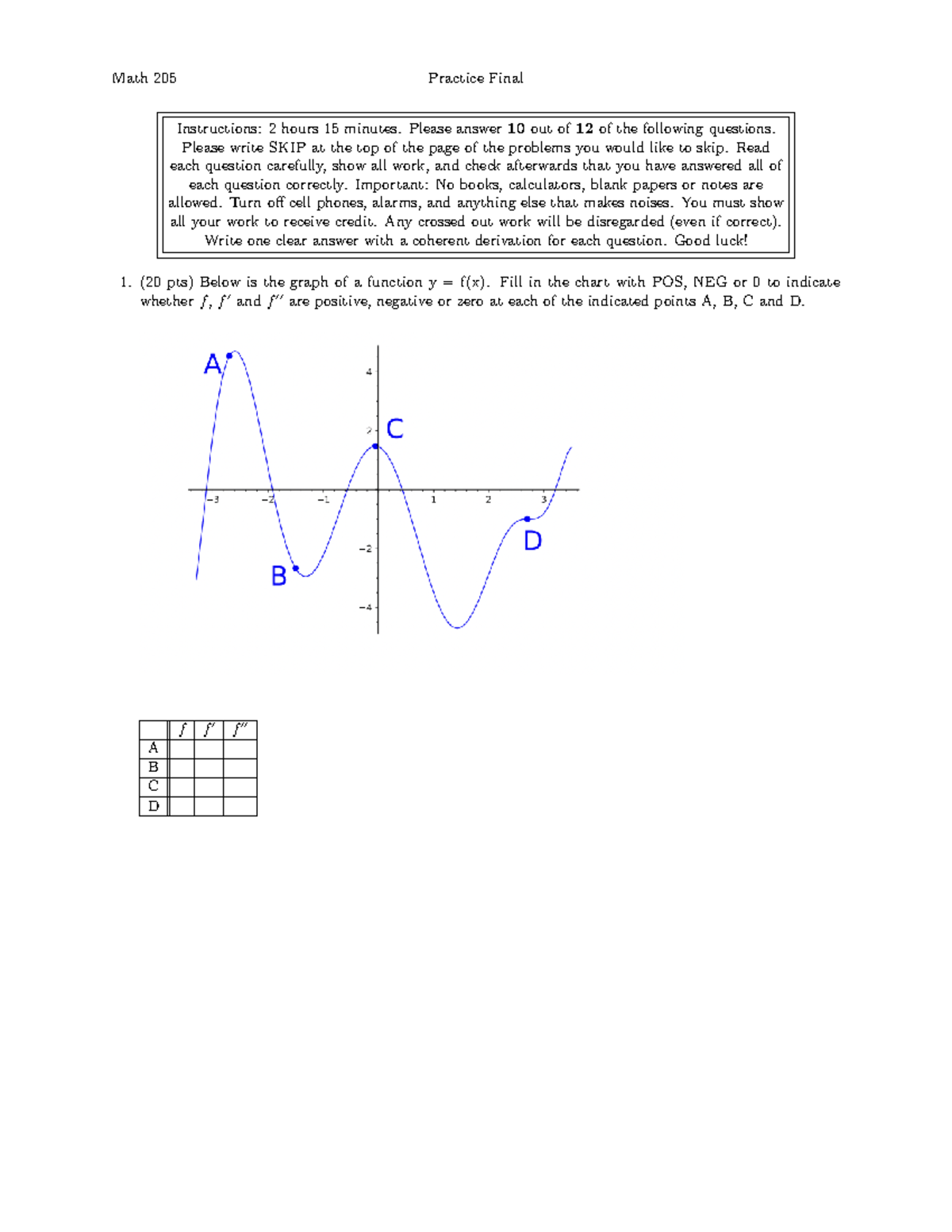 Math 205 Practice Final - Math 205 Practice Final Instructions: 2 Hours ...