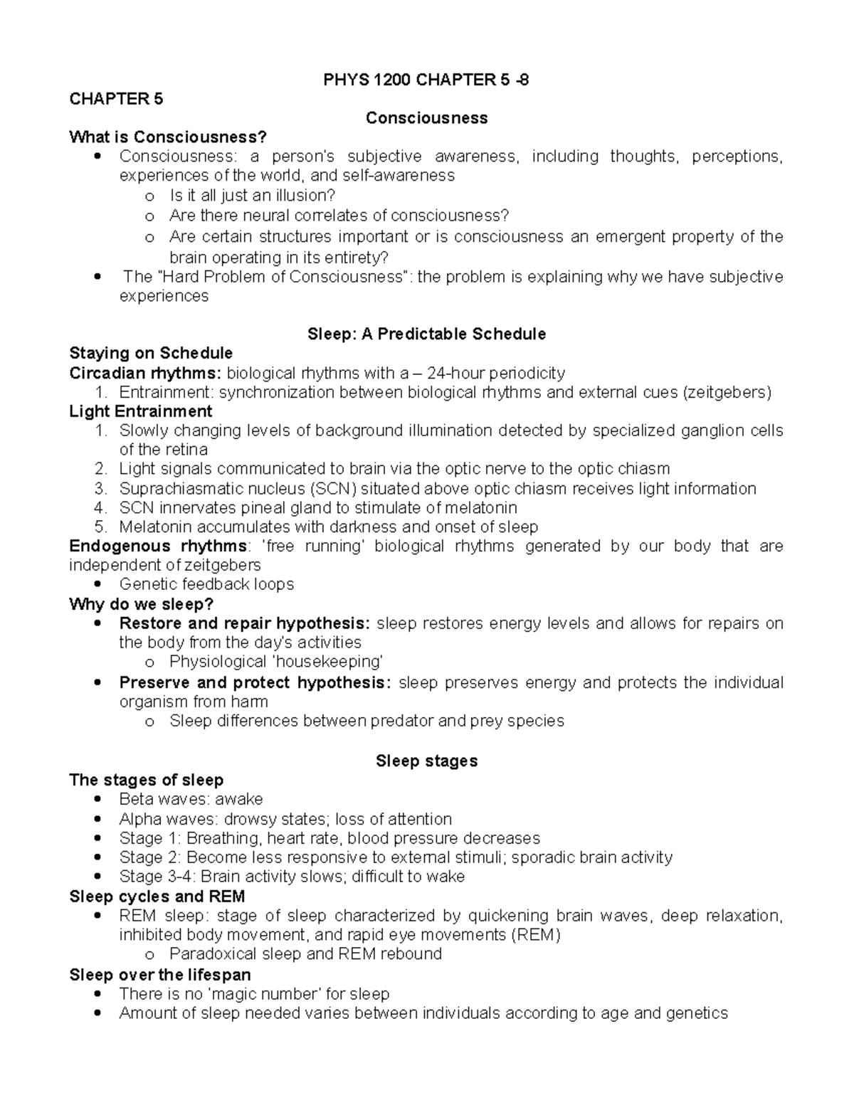 PHYS 1200 Chapter 5-8 - PHYS 1200 CHAPTER 5 - CHAPTER 5 Consciousness ...