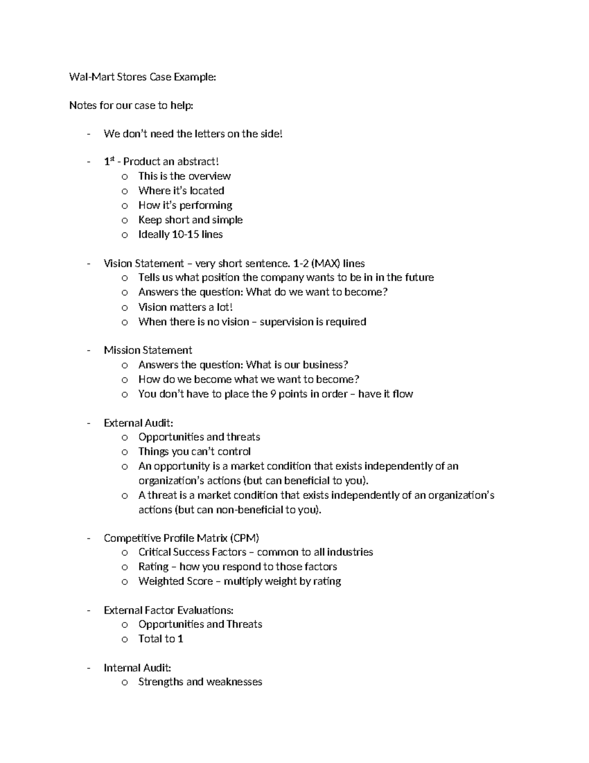 WalMart Case Example WalMart Stores Case Example Notes for our