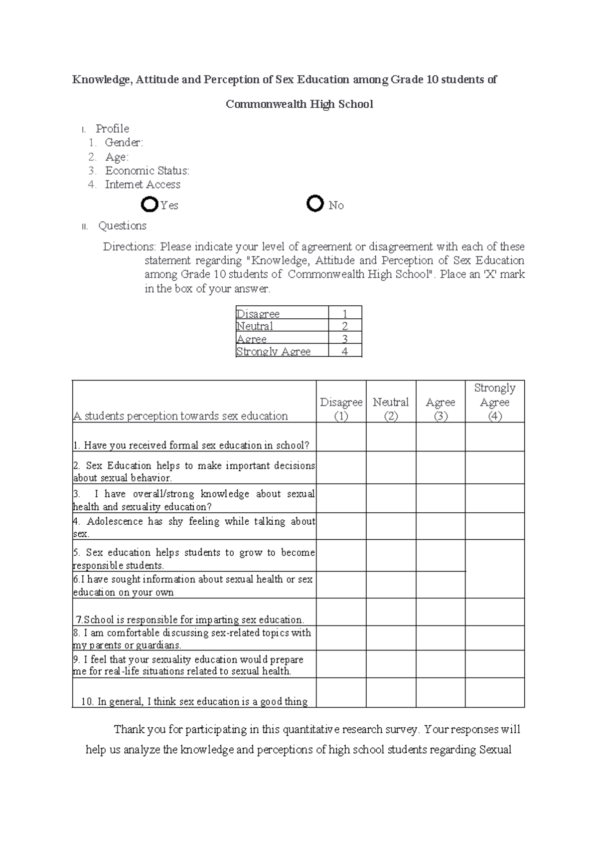 Questionnaire - Knowledge, Attitude and Perception of Sex Education ...