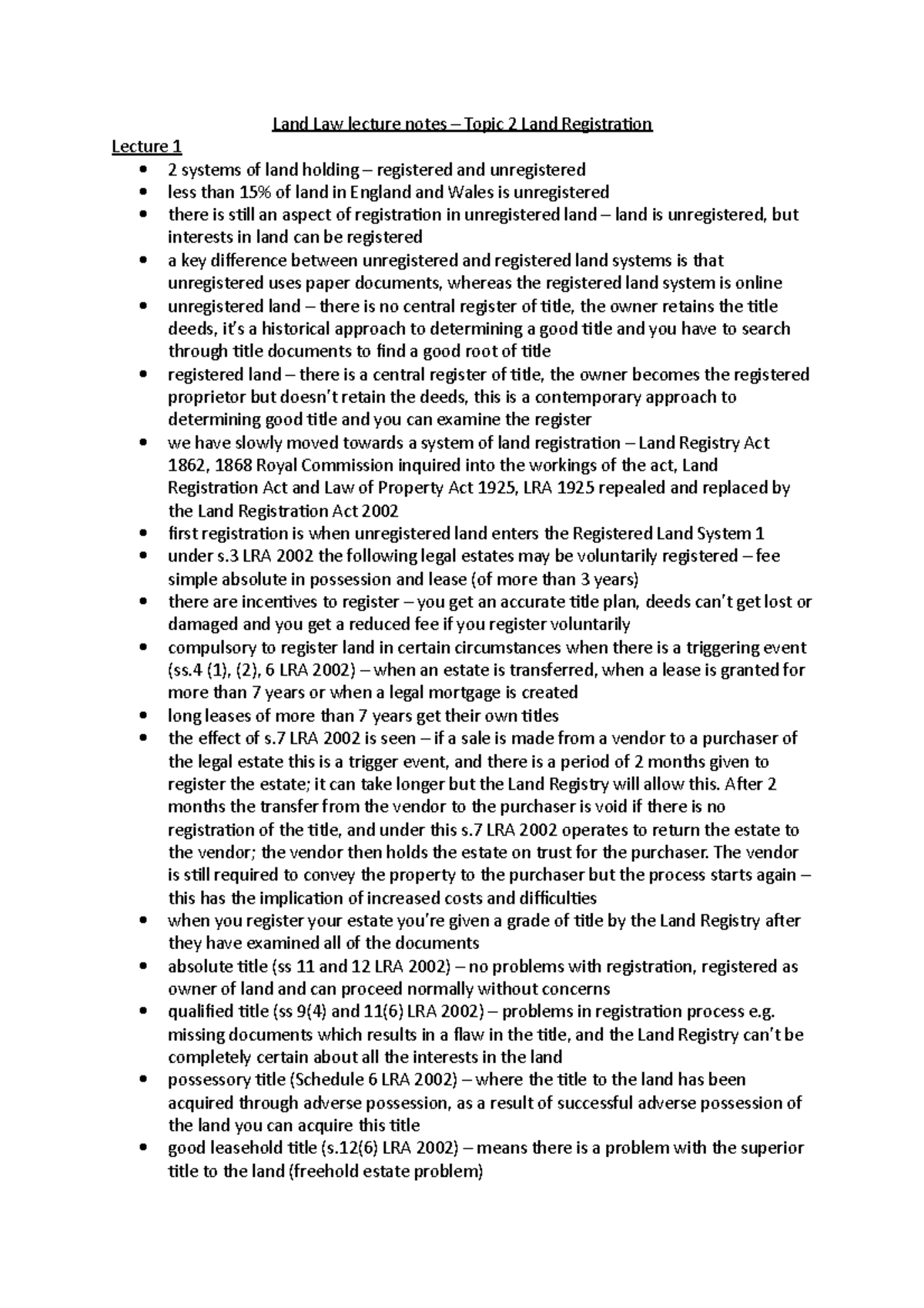 Topic 2 Land Registration - Land Law lecture notes Topic 2 Land ...