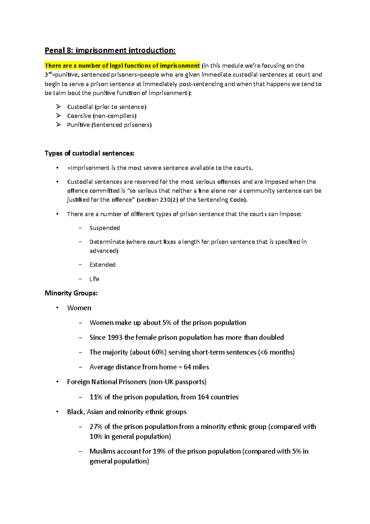 Punishment and Penal Policy lecture 8 notes - Penal 8: imprisonment ...