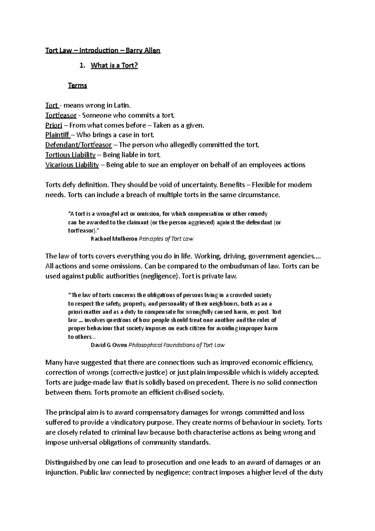 Torts - 1 - Negligence - Semester 1 - Tort Law – Introduction – Barry ...