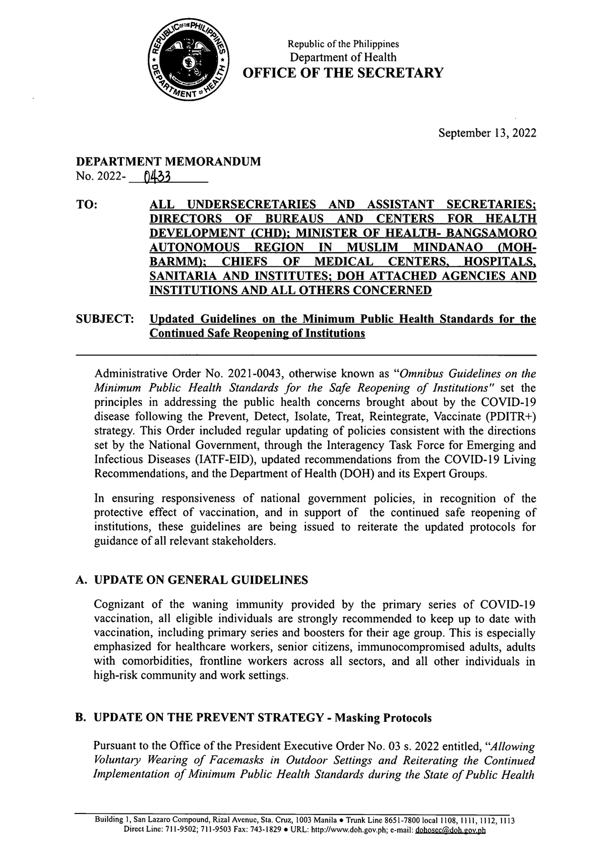 Dm20220433 doh guidelines DE No. TO Republic of the Philippines