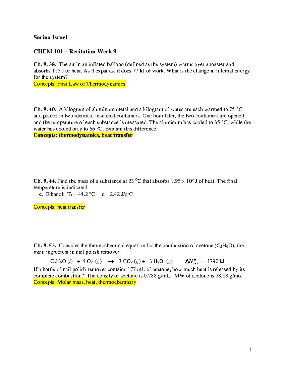 CHEM 101 Recitation Week 9 - Sarina Israel CHEM 101 – Recitation Week 9 ...