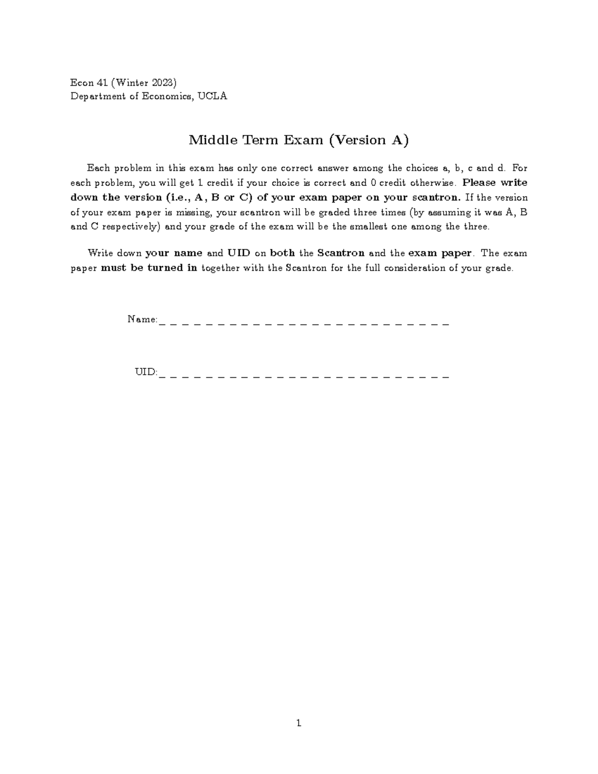 Midterm Exam-2023 Winter A Answer Keys - Econ 41 (Winter 2023