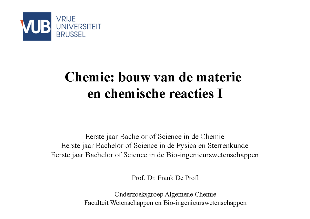 Hoofdstuk+1 Notas - Chemie: bouw van de materie en chemische reacties I