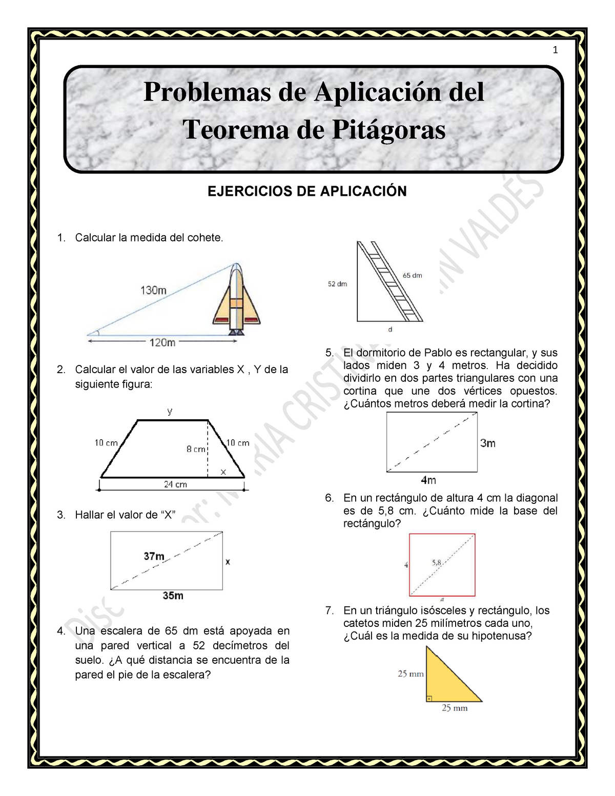 Problemas De Aplicación Del Teorema De Pitágoras 1 Problemas De Del