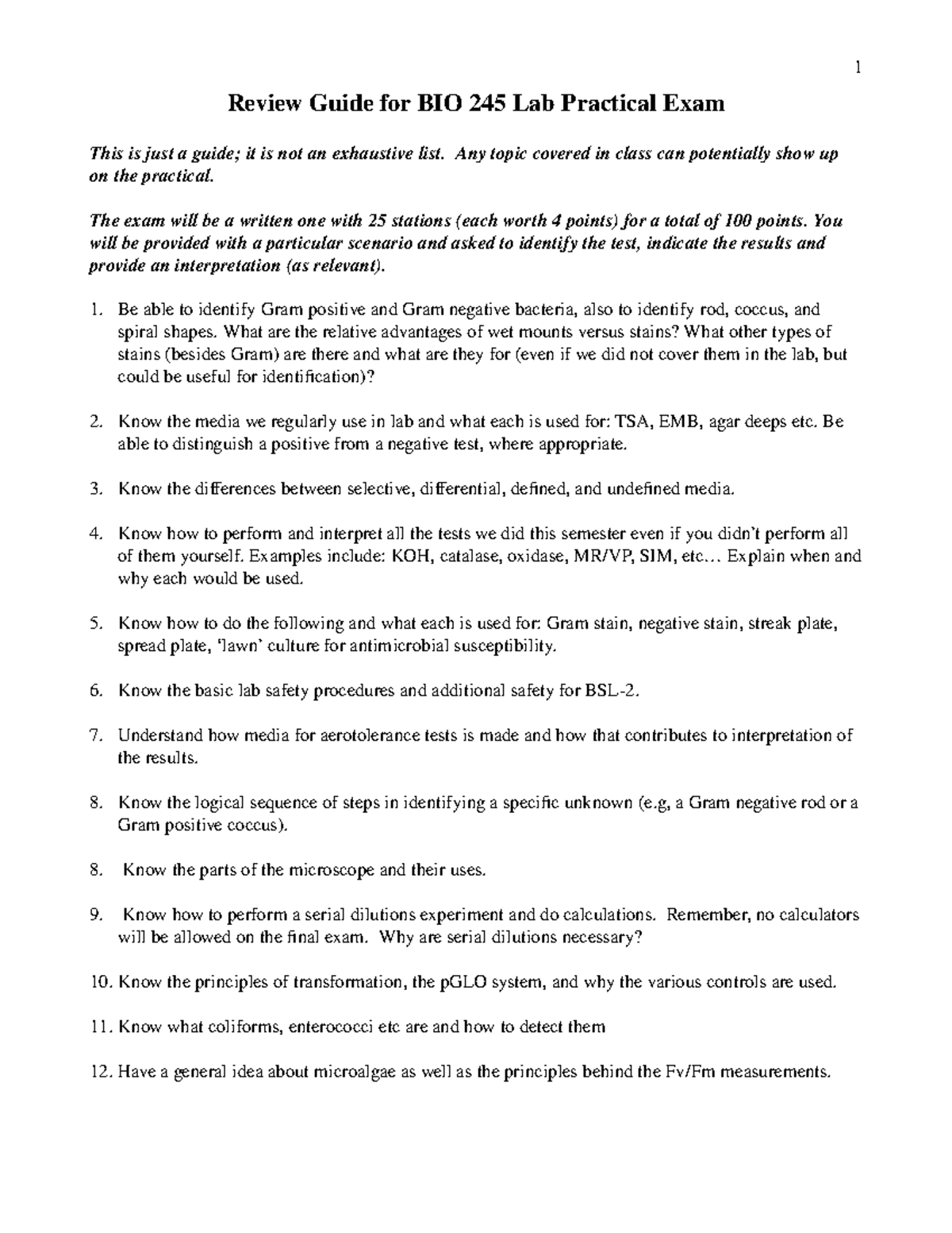 Lab Final Study Guide 245 - Review Guide for BIO 245 Lab Practical Exam ...