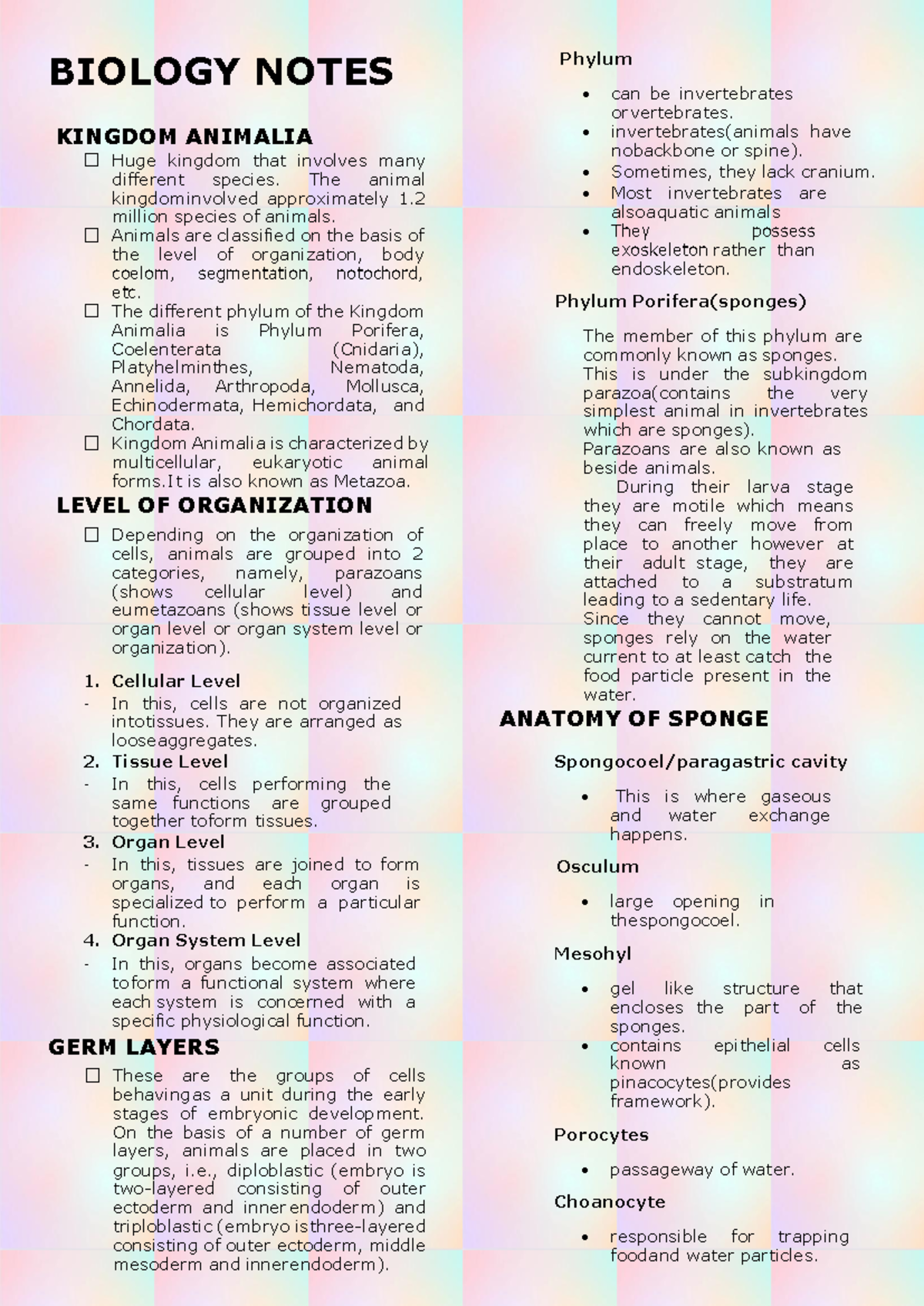 Lopezc - Biology Notes - BIOLOGY NOTES KINGDOM ANIMALIA Huge kingdom ...