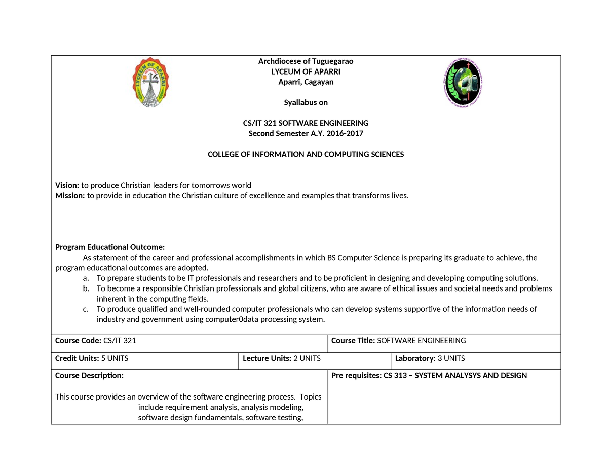 Soft eng - SOFTWARE ENGINEERING 1 - Archdiocese of Tuguegarao LYCEUM OF ...