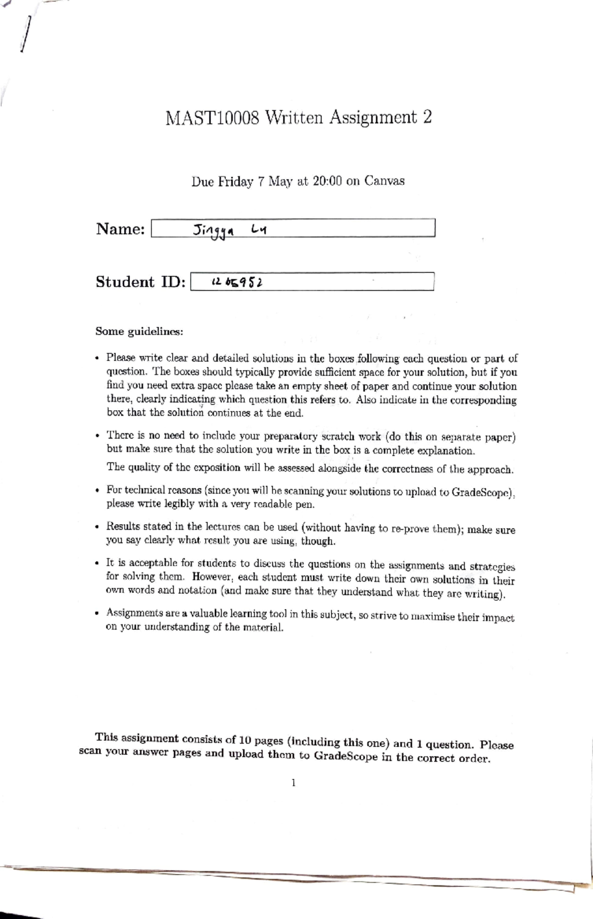Written Assignment 2 - MATH1P98 - Studocu
