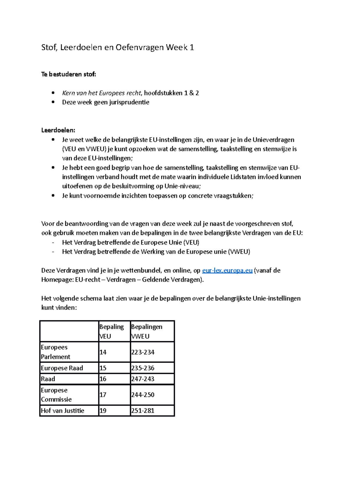 Leerdoelen En Oefenvragen Week 1 - Europa (vanaf De Homepage: EU-recht ...