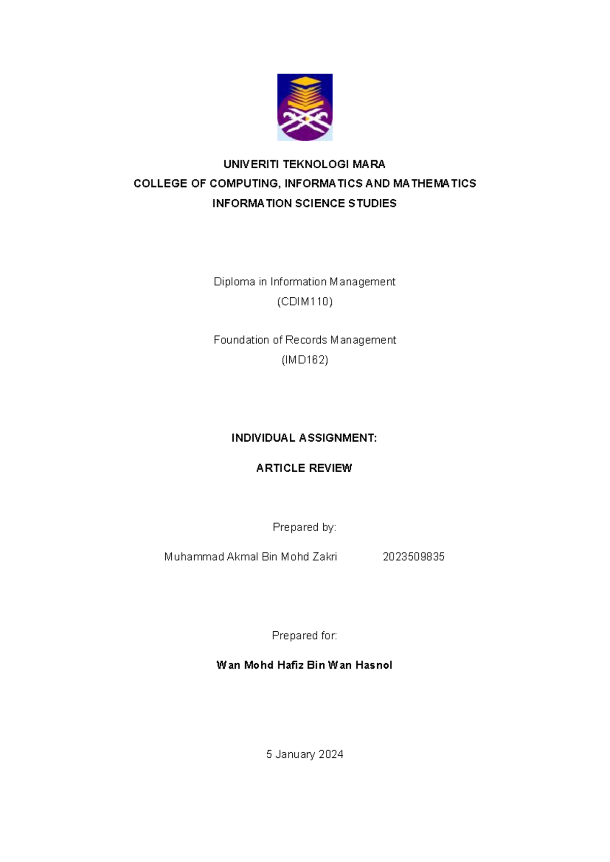 Individual Assignment - UNIVERITI TEKNOLOGI MARA COLLEGE OF COMPUTING ...