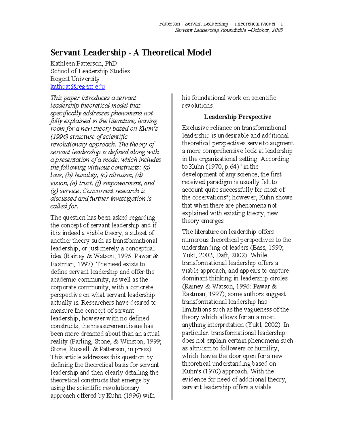 Patterson 2003 -Servant Leadership A Theoretical Model - Patterson ...