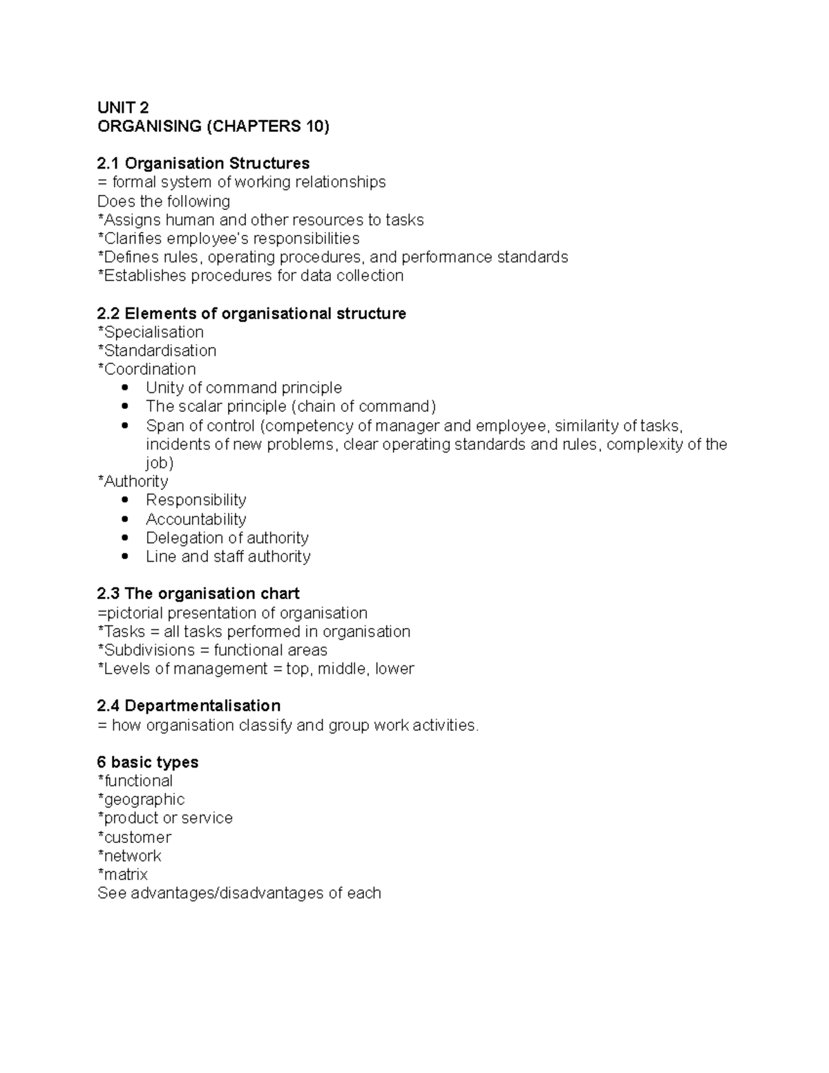 UNIT 2 (organisation structures) - UNIT 2 ORGANISING (CHAPTERS 10) 2 ...