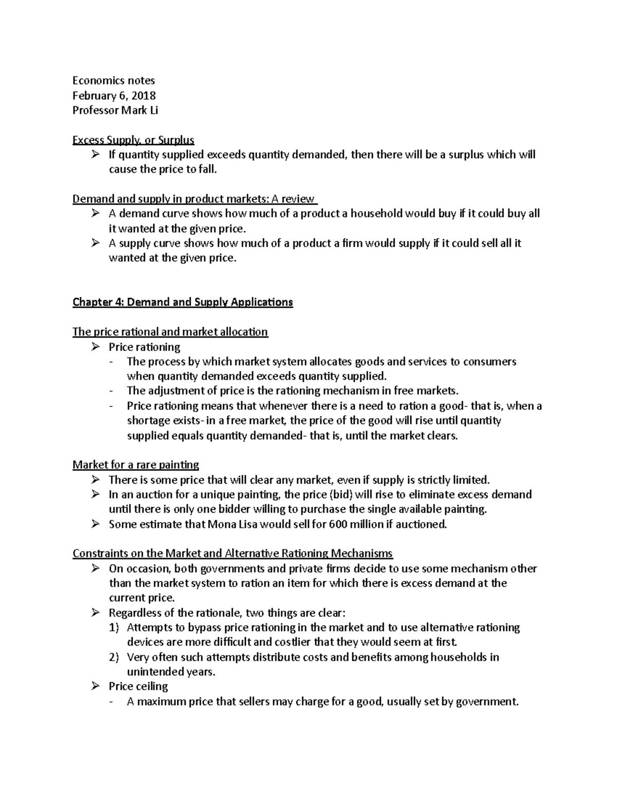 Economics notes 6 - Economics notes February 6, 2018 Professor Mark Li ...