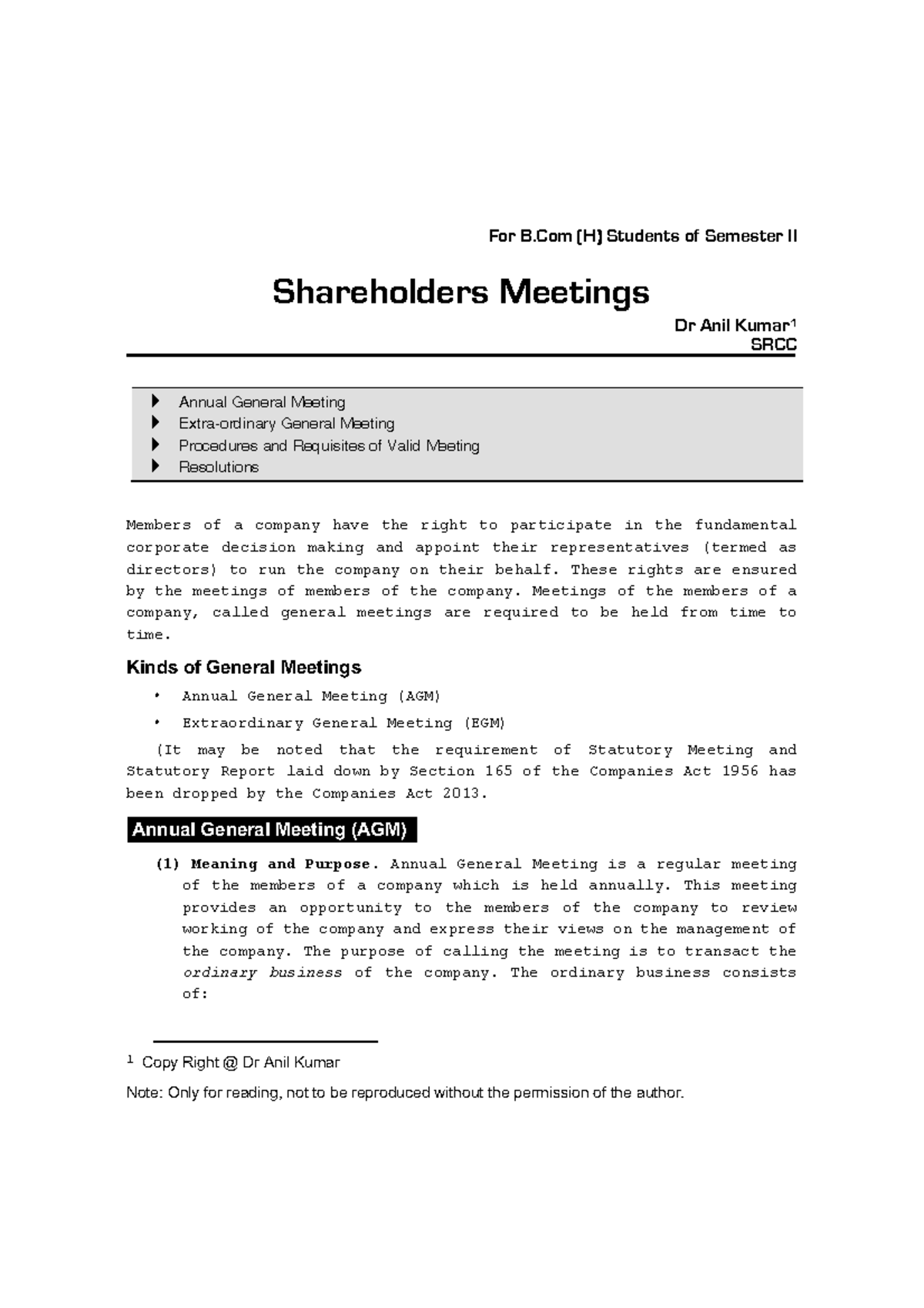 Co Law Meetings Com II Sem E Dr Anil Kumar For B (H) Students of