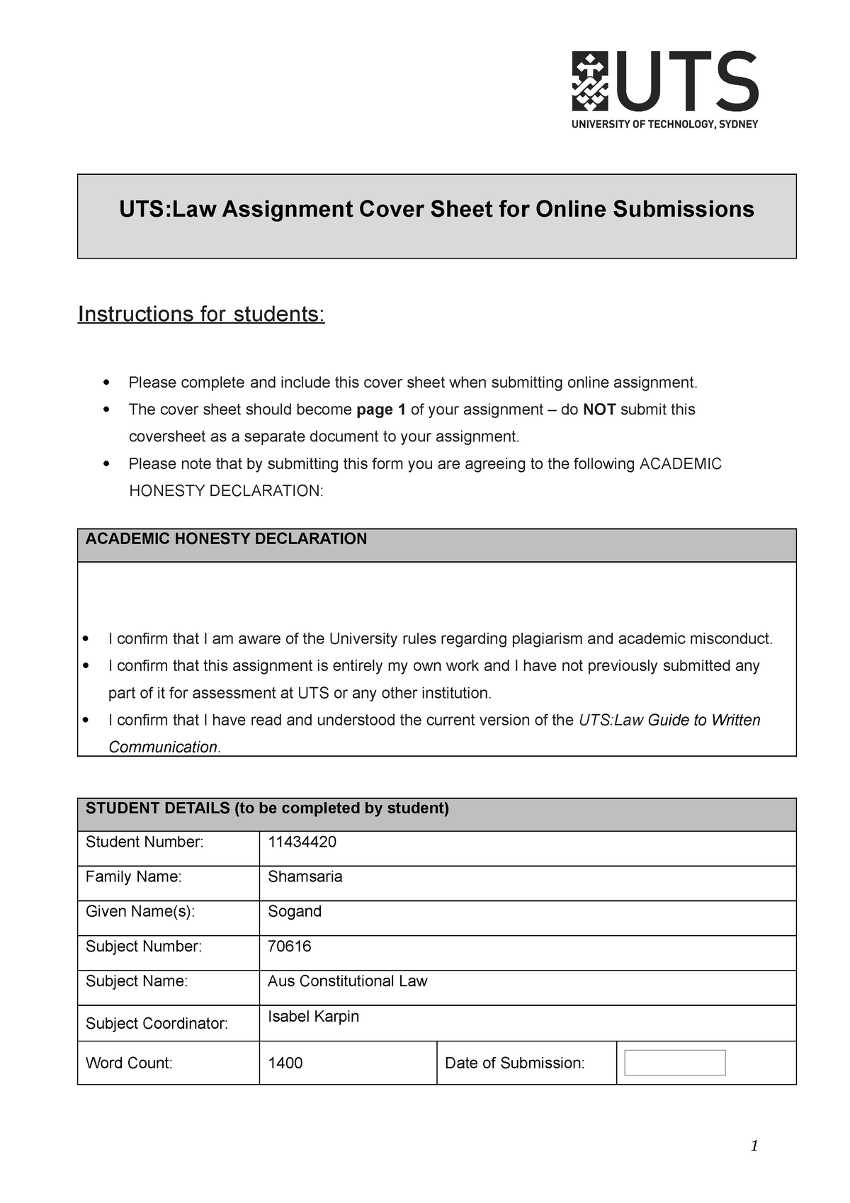 Wendy Bacon Essay Utslaw Assignment Cover Sheet For Online Submissions Instructions For 