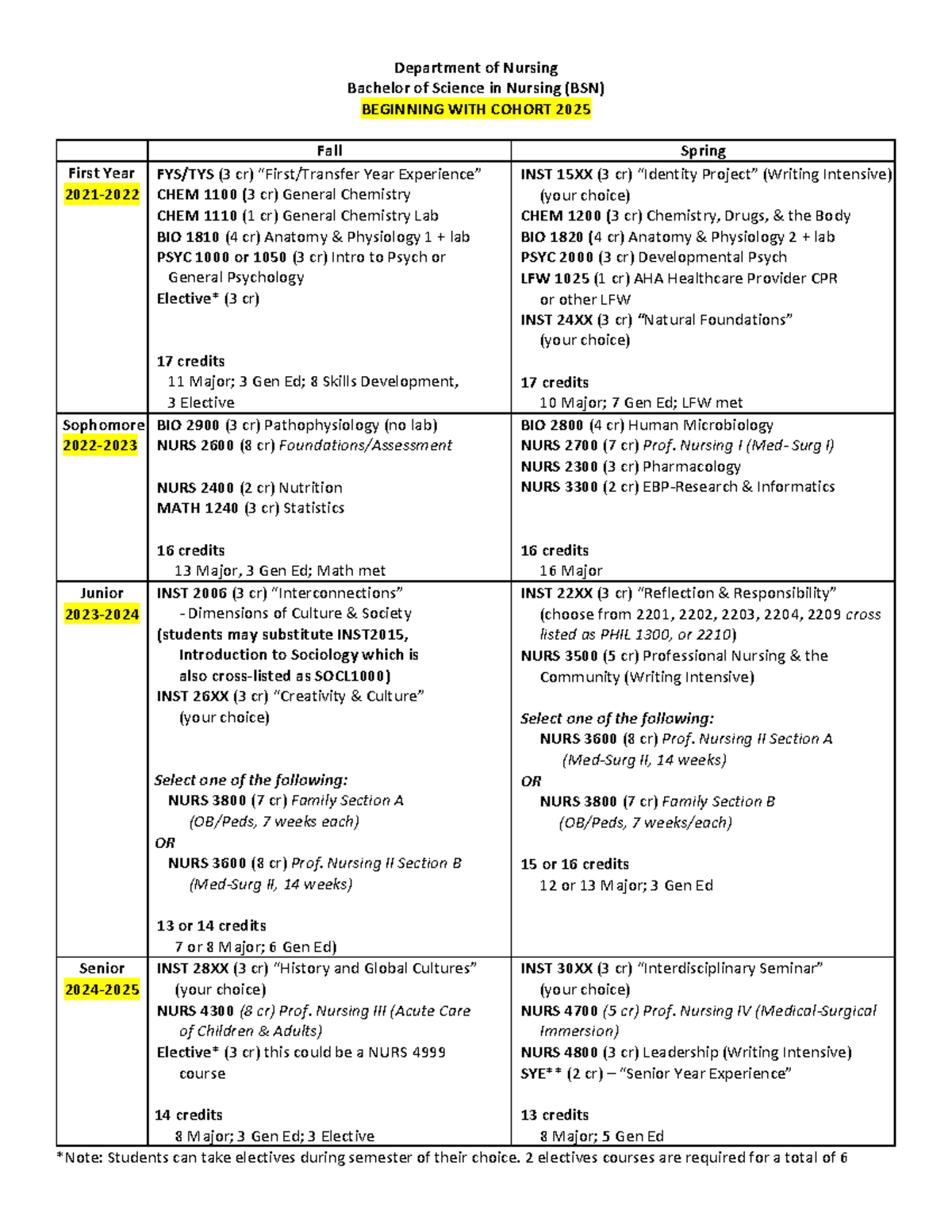 BSN Sample Plan of Study Cohort 2025(1) Department of Nursing